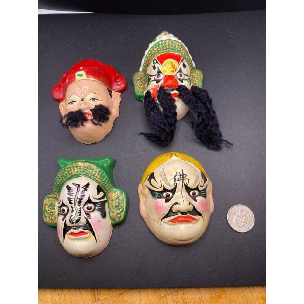 Vintage Chinese Peking Opera Clay Masks Set of 4 Hand Painted Miniature Wall Art